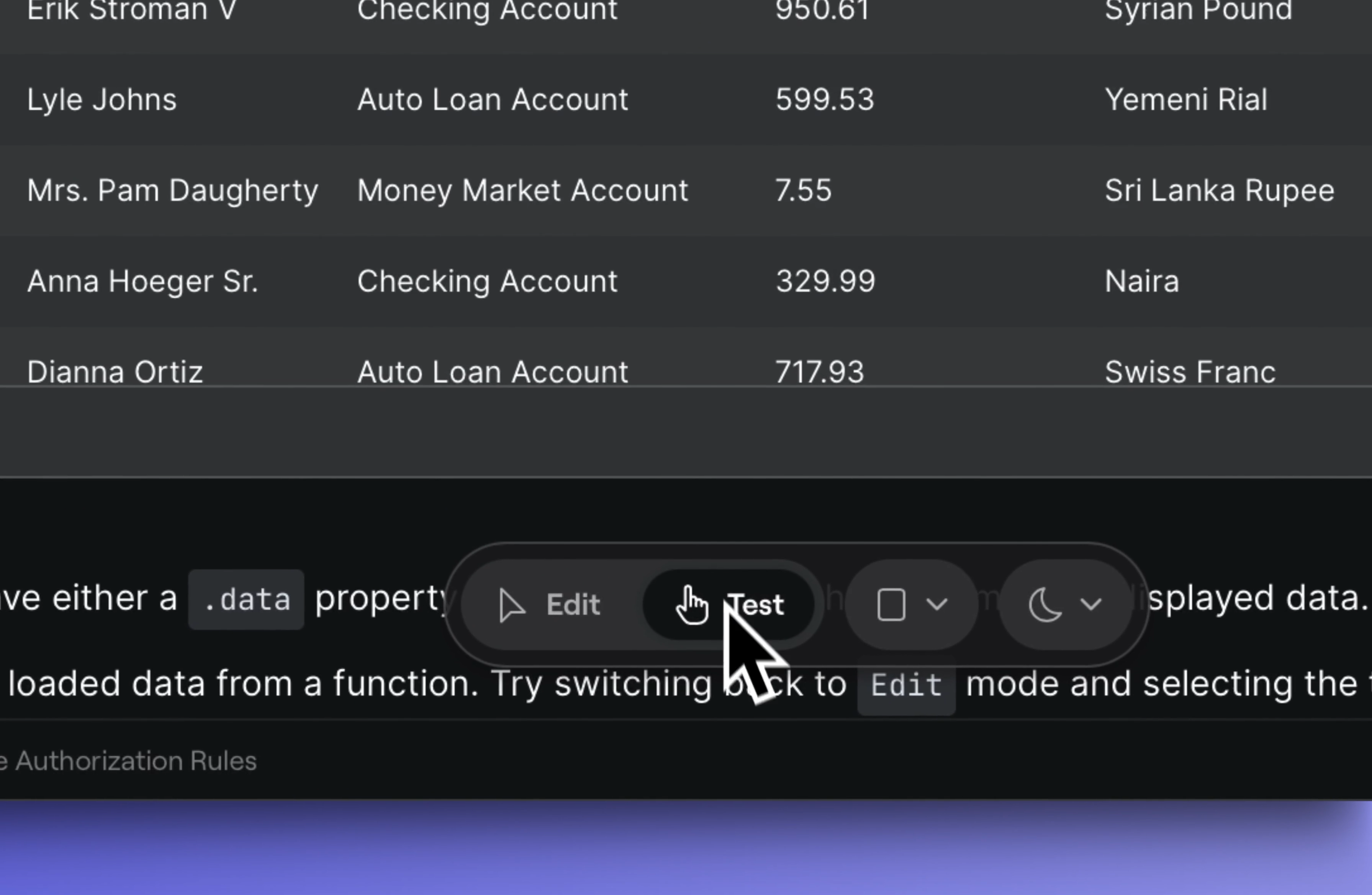 The new floating action bar contains the most common editor controls, including: edit / test mode toggle, viewport size picker, and color mode selector.