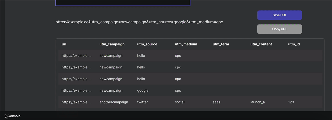 Testing out the read eval print loop in the console by modifying the value of the UTM campaign input field.